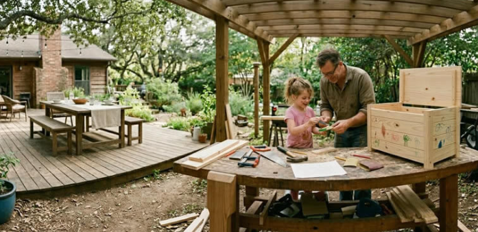Woodworker in a home workshop setting up a project